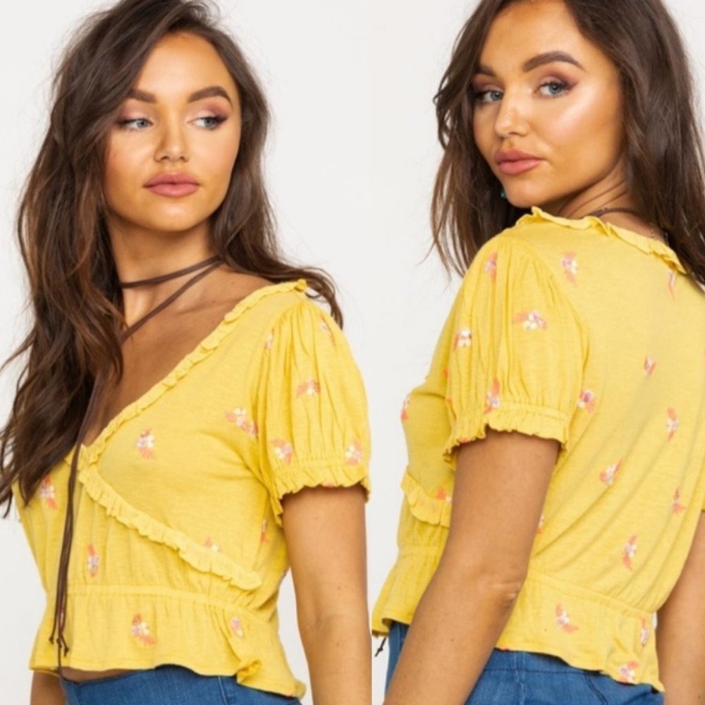 Nwt Free People Full Bloom Ruffle Top Yellow Linen Size Large New With Tags Crop
